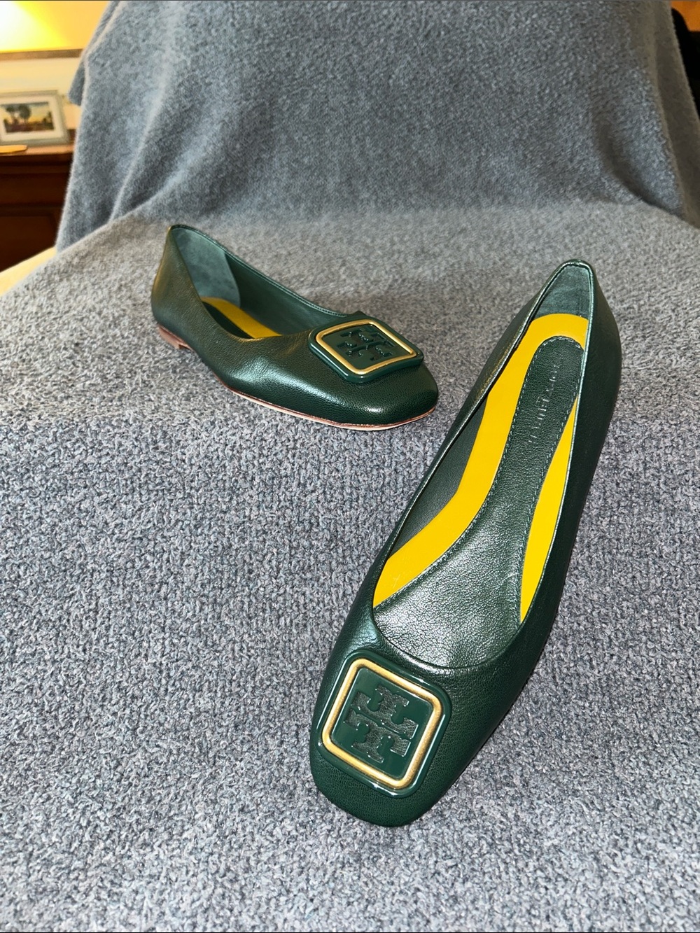 Tory Burch Dark Green Leather Logo Square-Toe Ballet Flats with Yellow Insole